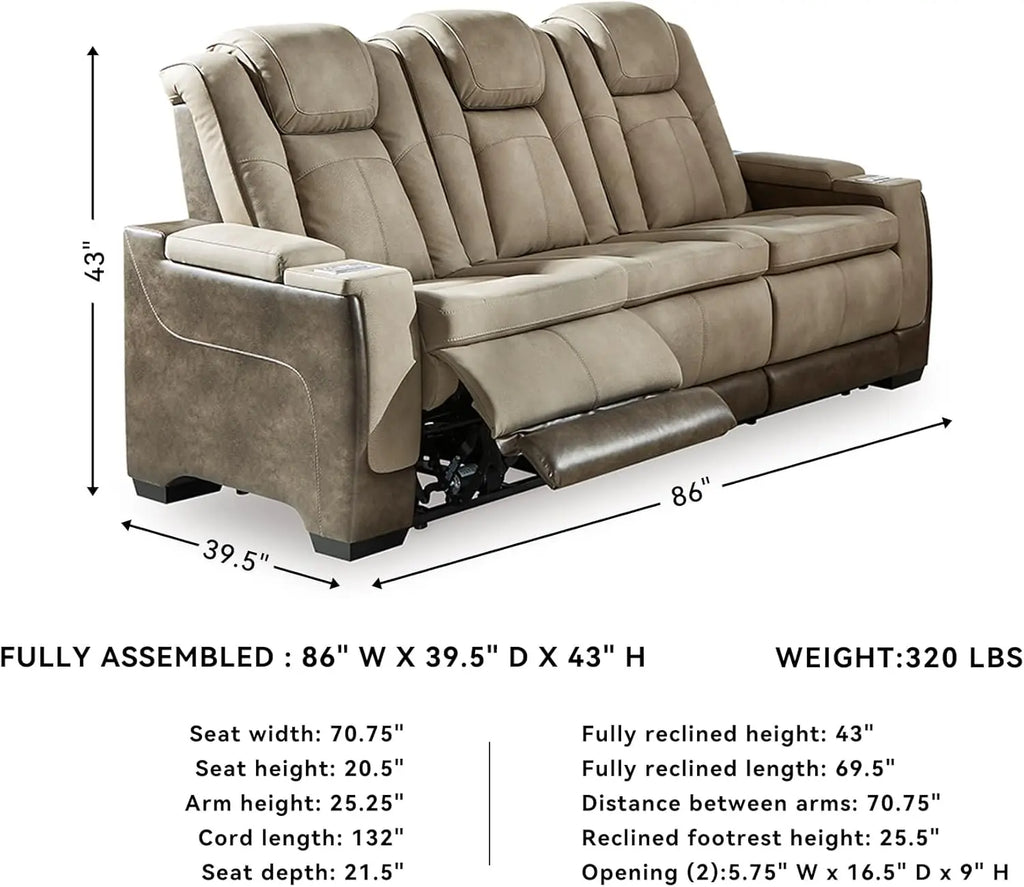 Next-Gen DuraPella Power Reclining Sofa – Wireless & USB Charging, Zero-Gravity, Water-Repellent Faux Leather, Tan/Brown
