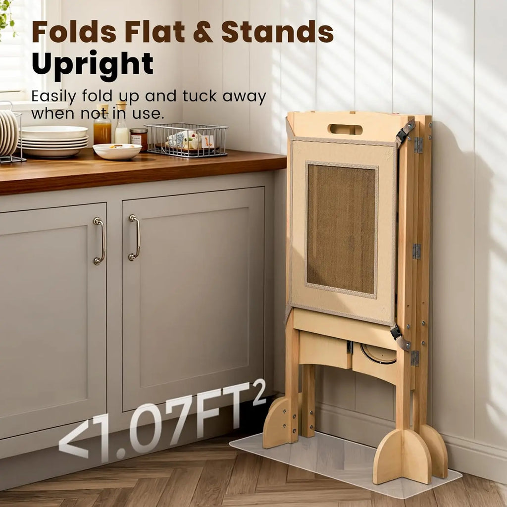 Toddler Tower/Foldable Toddler Kitchen Stool Helper with 2 Step Stool, Safety Net, Adjustable Height, Chalk-Whiteboard