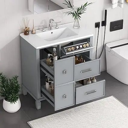 30" Solid Wood Bathroom Vanity with Ceramic Sink and Multi-Function Storage