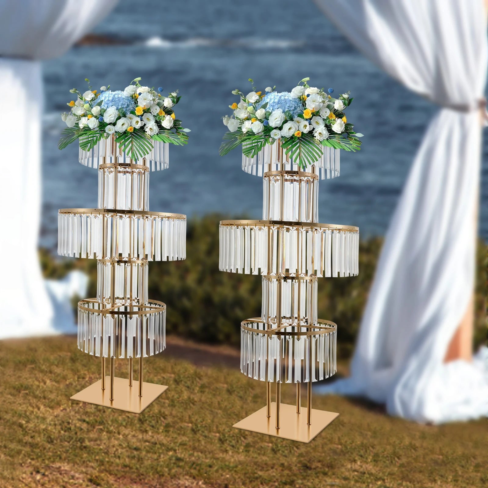 5 Tiers Crystal Flower Stand Gold/Silver 43.3 Inch Height Display Rack Aisle Guide Table Decoration Wedding Centerpiece/ Stand for Party Birthday Coffee Shop