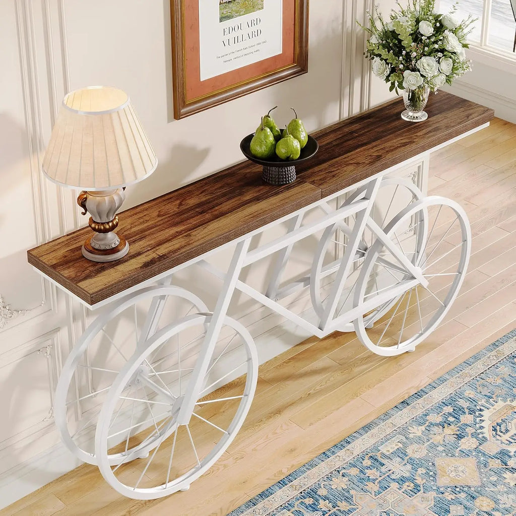 70.9" Extra Long Console Table, Narrow Sofa Table with Bicycle Metal Base, Modern Industrial Entryway Table for Living Room