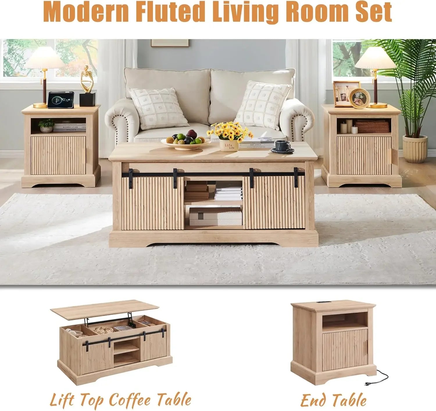 46" Fluted Lift Top Coffee Table with Sliding Door, Modern Center Table w/Adjustable Storage Shelf & Hidden Compartment