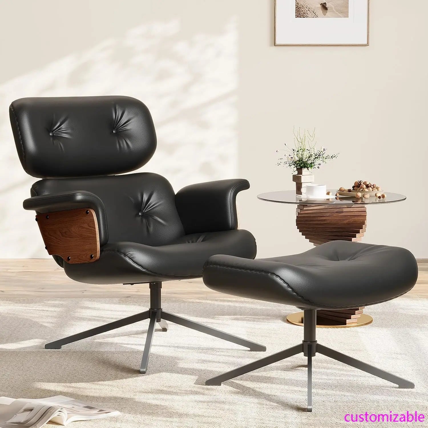 Mid Century Reclining Swivel Chair with Ottoman, Ergonomic Armchair with Comfy Cushion, Walnut Wood Base, PU Leather