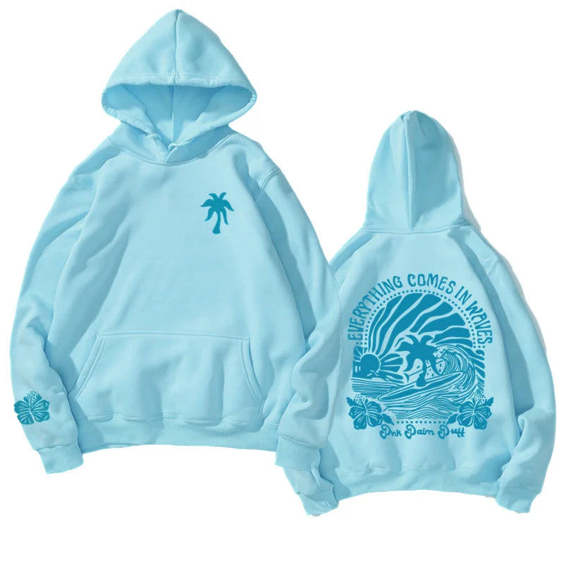 New Women's And Youth Tropical Flower Island Hoodie - Light Grey With Pink Flower Print - Daily Street Wear - Four Seasons Women