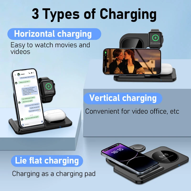Desk Fast Wireless Charger Stand Pad/ Foldable Fast Charging Station Dock for iPhone 16 15 14 13 12 Pro Max Apple Watch, Air Pods