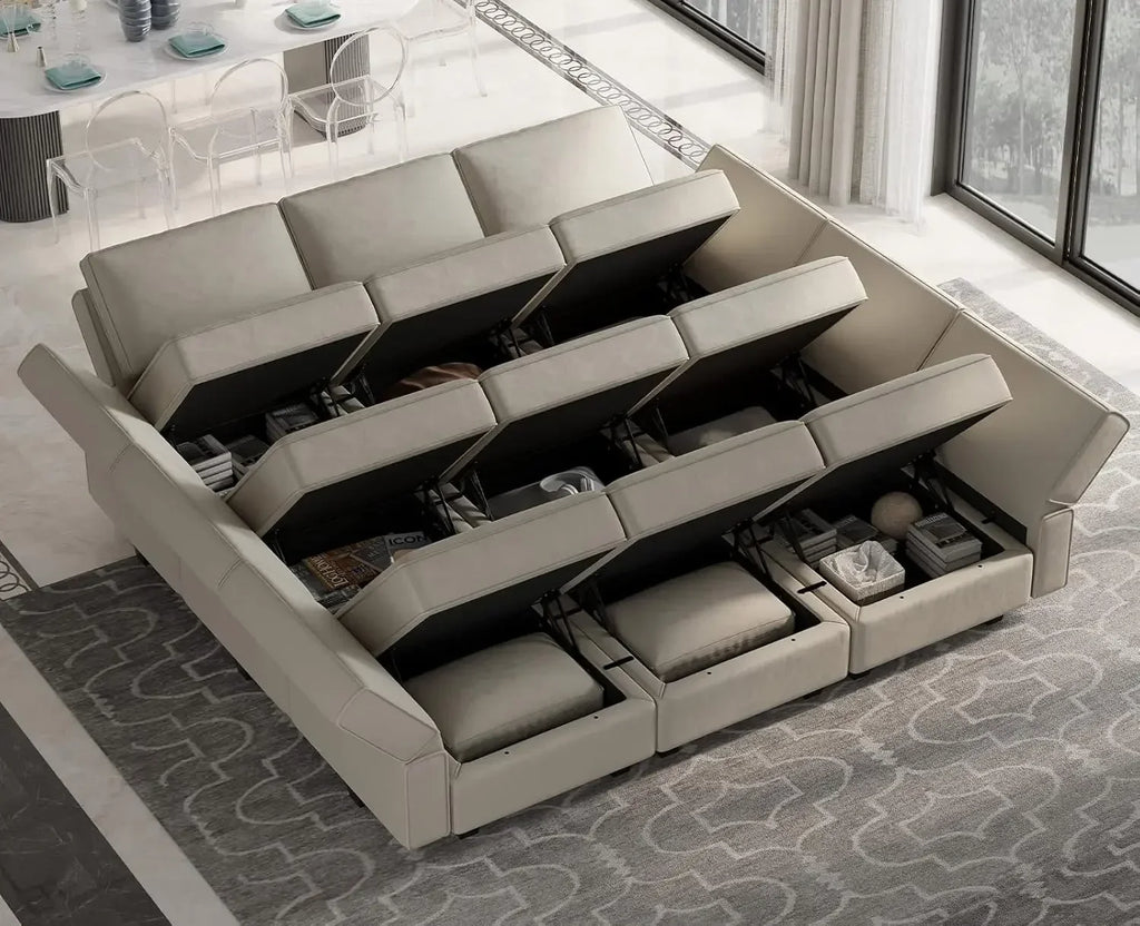 Reversible Velvet Modular Sectional Sleeper Sofa Bed with Ottomans, Storage and Chaise - Grey