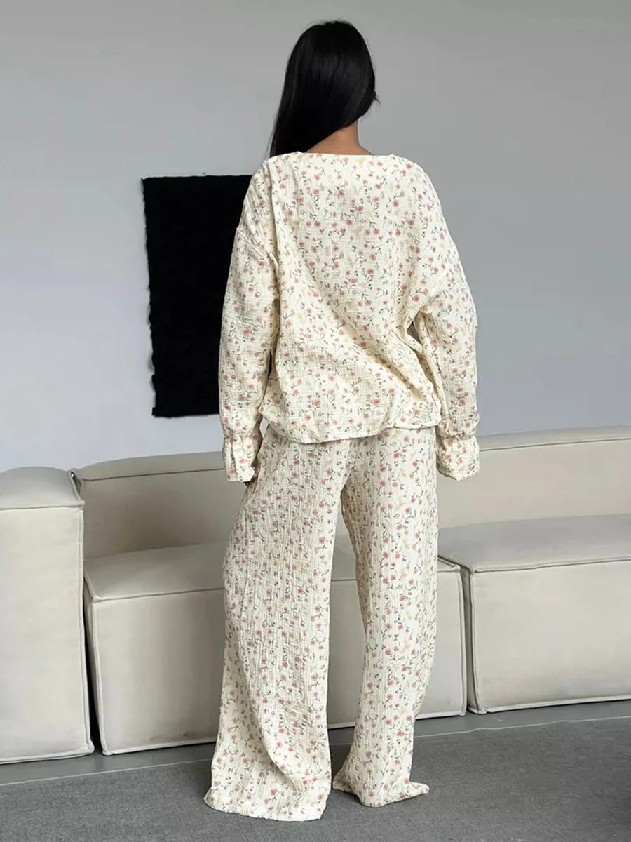 100% Cotton Printed Cardigan Pajama Set Women's / Long Sleeved Pants Pajamas/ Loose Home Clothing /2-piece Set