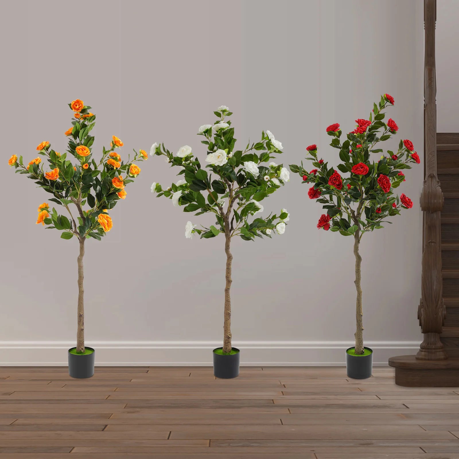 Potted Faux Camellia Plant with Red Flowers, Artificial Camellia Tree, Home Decor, Lifelike Fake Floral Tree for Patio & Office