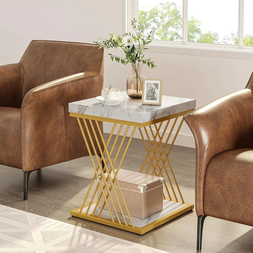 Square End Table White Gold 2-Tier Side Table Modern Small Table with Storage for Couch, Faux Marble White +Gold