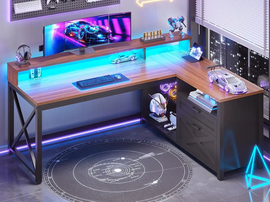 High Quality  Farmhouse L Shaped Desk, 55" Home Office Desk with Drawers and Storage Shelves, L Shaped Gaming Desk with LED Lights