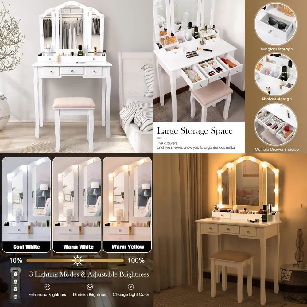 Luminated Makeup Vanity Desk with Tri-Fold Mirror and White Finish