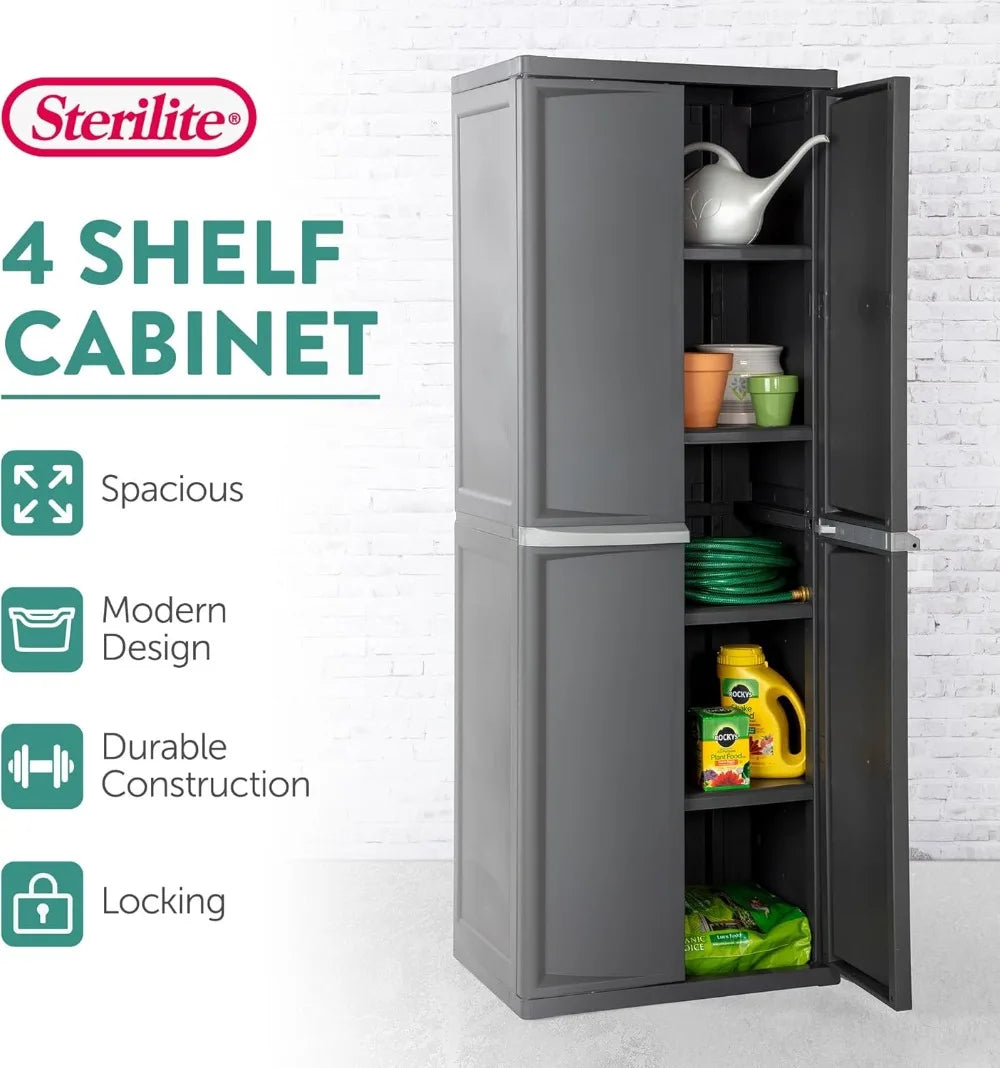 Lockable 4 Shelf Storage Cabinet, Adjustable Plastic Shelving Unit for Garage, Pantry, Basement Organizing