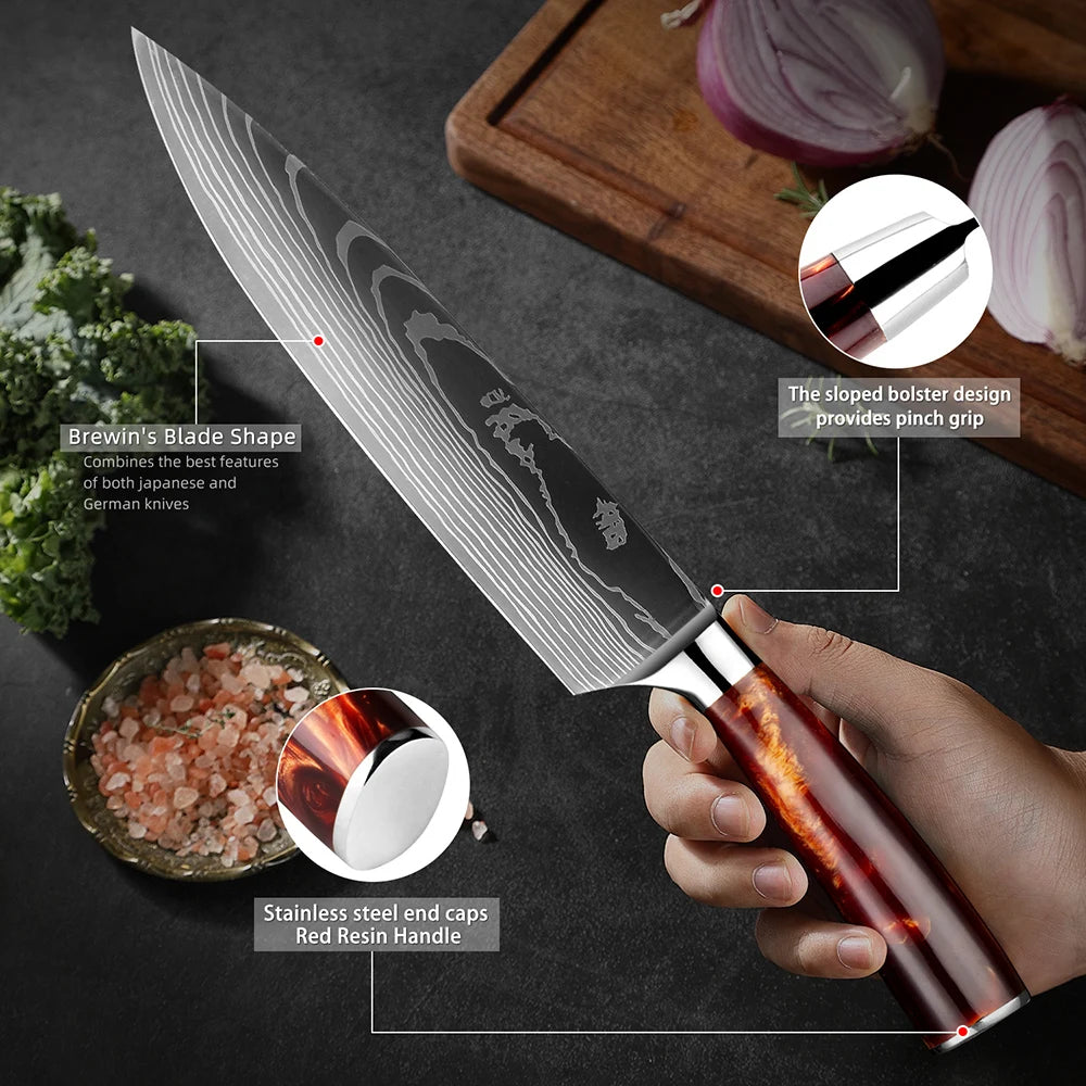 Kitchen Knife Set 15-Piece With Wooden Block, Laser Damascus Pattern Steel Professional Chef's Knife, With Scissor Sharpening Rod