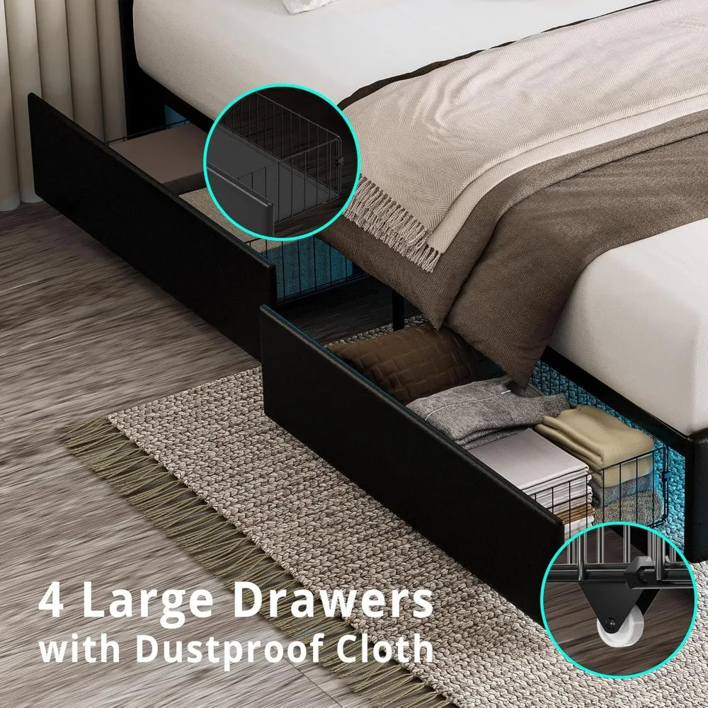 Full Size Bed Frame with LED Light, PU Leather Platform Bed Frame with 4 Drawers, Adjustable Tufted Headboard