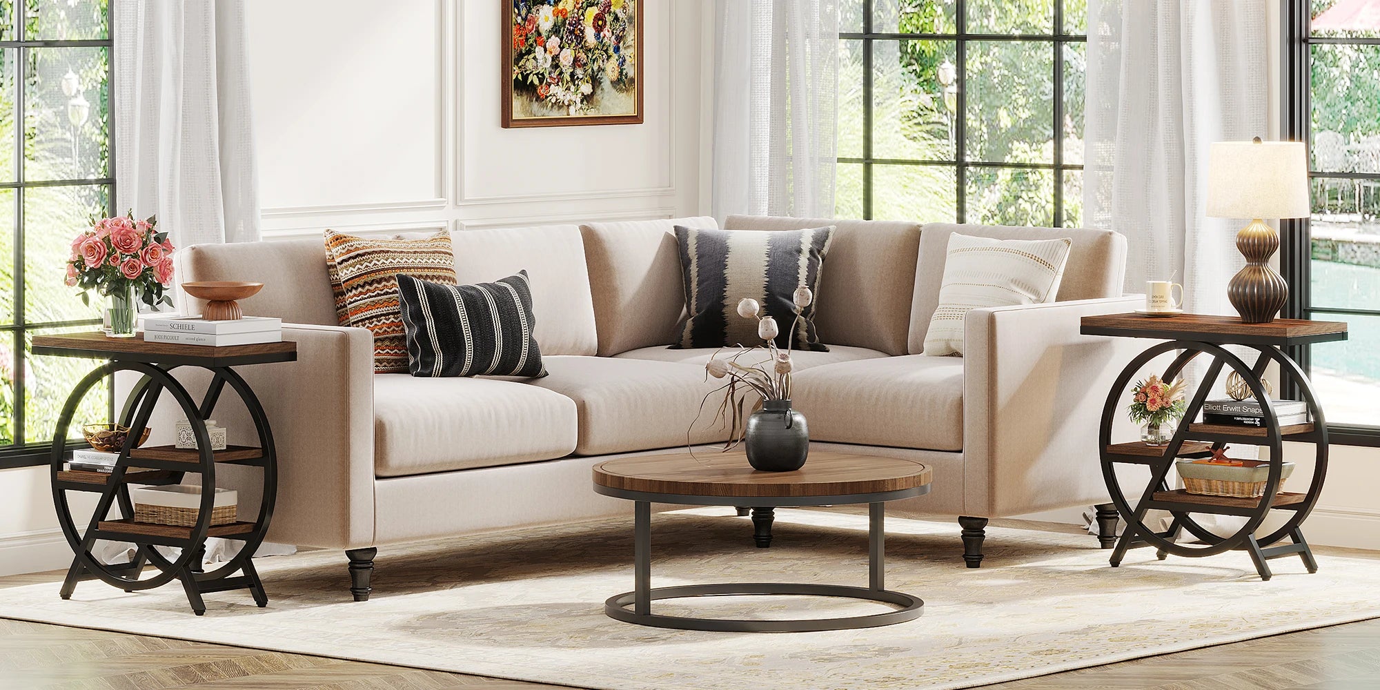 Tribesigns End Table for Living Room, 3-Tier Narrow Side Table with Storage, Wood Sofa Side Table with Geometric Metal Frame