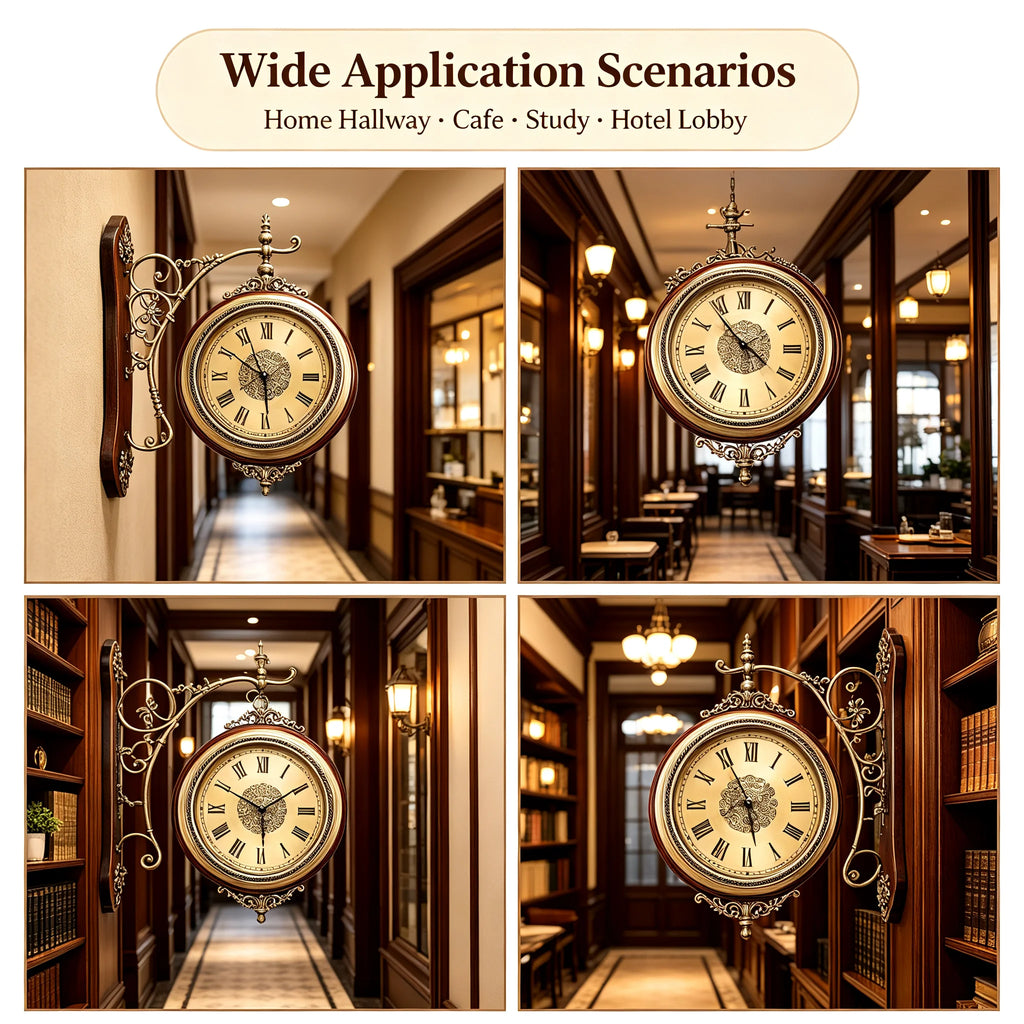 Double-Sided Wall Clock Vintage Style, 12-inch Silent Round Clock with 360° Rotation, Easy-to-Read Dual-Sided Dial for Living Room Office, Brown