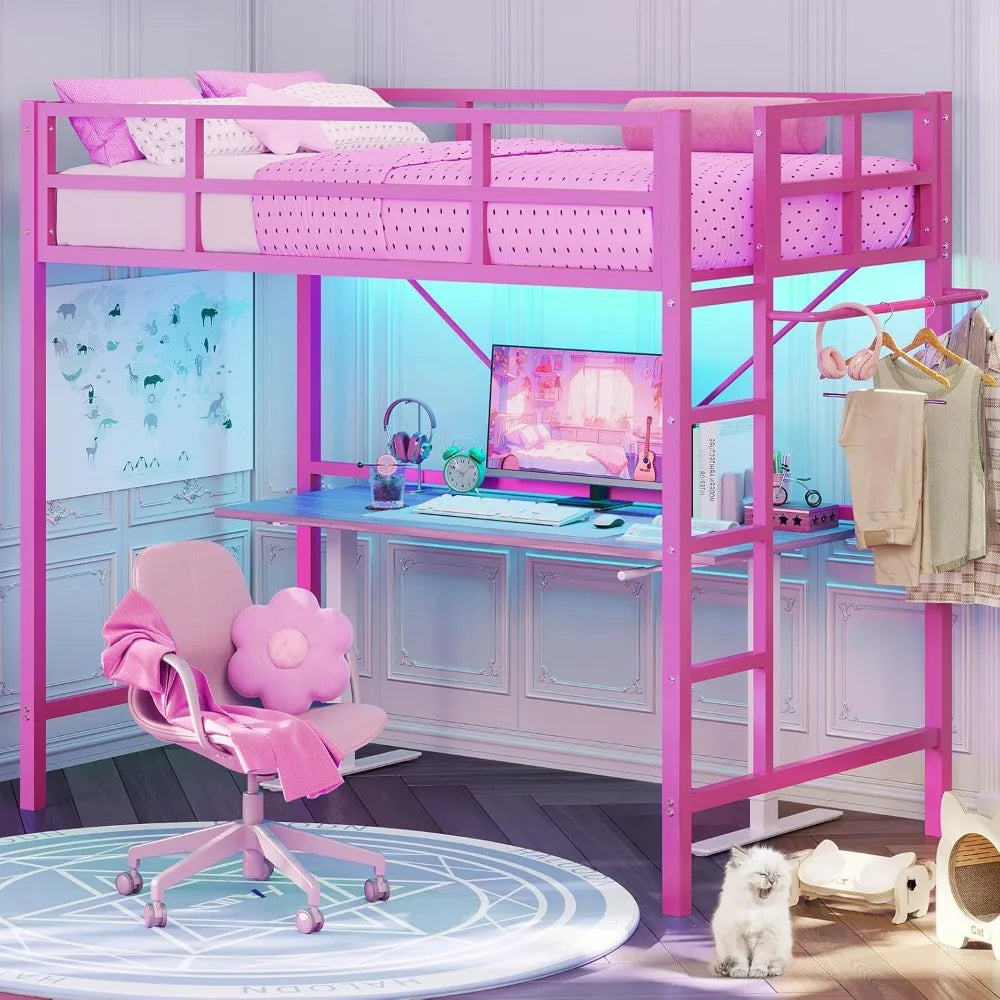 Twin Size Pink Loft Bed with LED Lights, Full-Length Guardrail, and Clothes Rack - Heavy Duty Metal Frame
