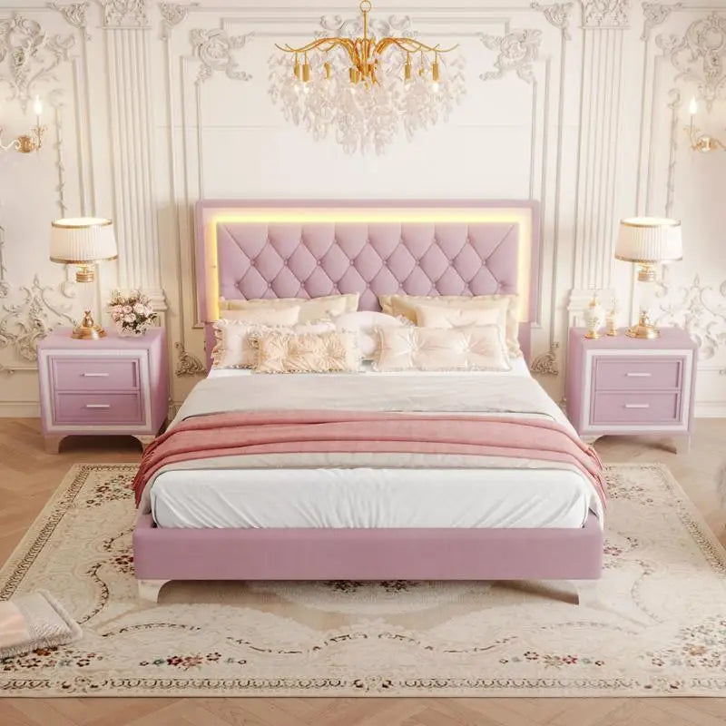 3-Piece Bedroom Set, Queen Size Upholstered Bed with LED Lighting & 2 Nightstands, Pink Upholstered Platform Bed