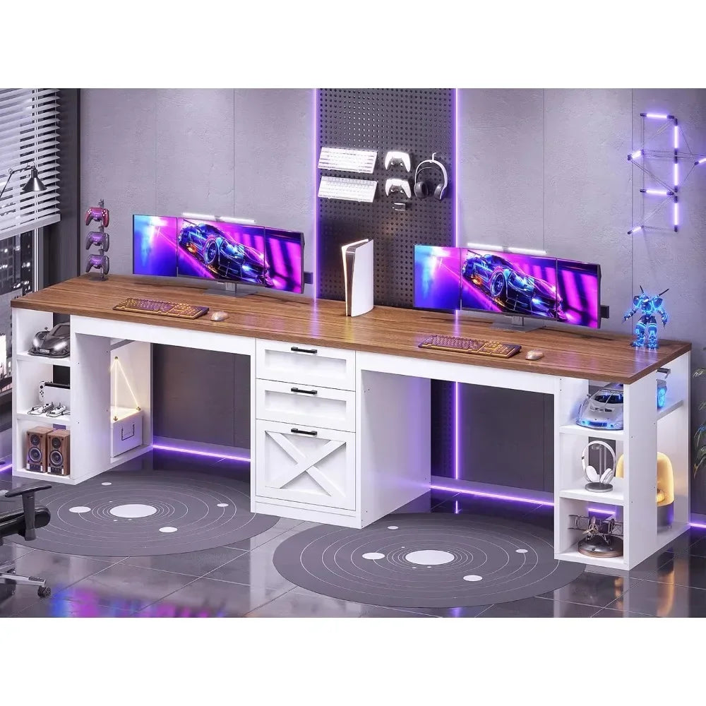 Farmhouse 96.5 Computer Desk with Drawers, 2 Person Home Office Desk, Gaming Double Desk with Storage Shelves