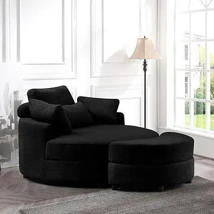 Linen Fabric Upholstered Oversized Round Armchair with Storage Ottoman, Headrest, and 4 Pillows
