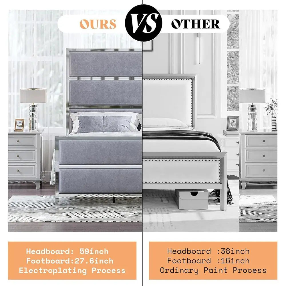 King-Size Velvet Bed Frame with Silver Trim, Channel Tufted Platform Bed, No Box Spring Needed