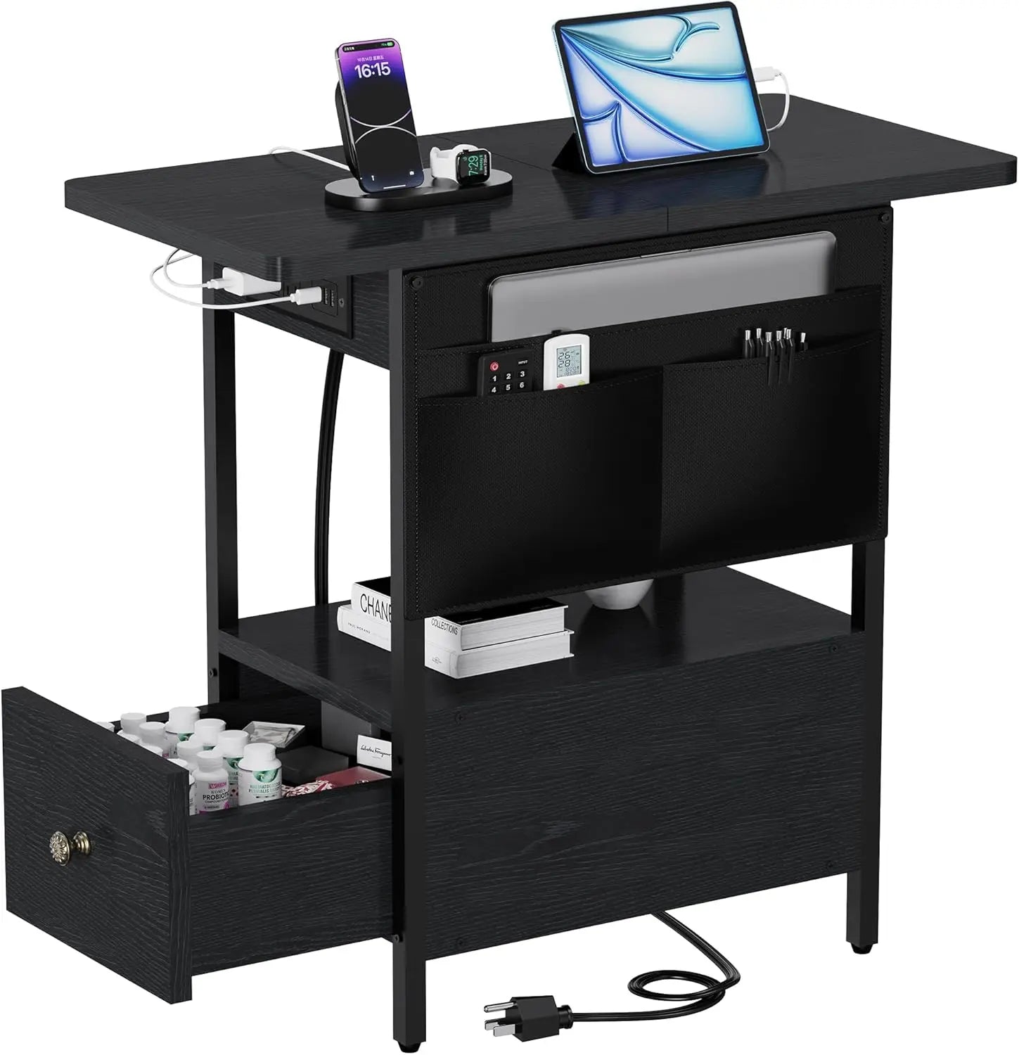 Small Side Table with Charging Station, Narrow Nightstand Bedside Tables with Storage Pocket for Living Room Bedroom, Sofa End Table