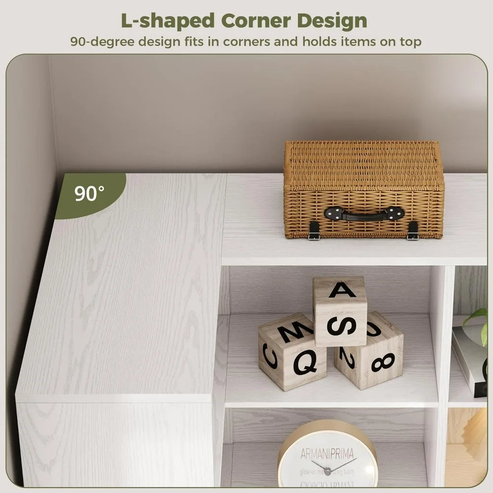 L-Shaped 76-Inch Tall Corner Bookshelf with 6 Tiers, 10 Open Shelves, and 2 Storage Drawers