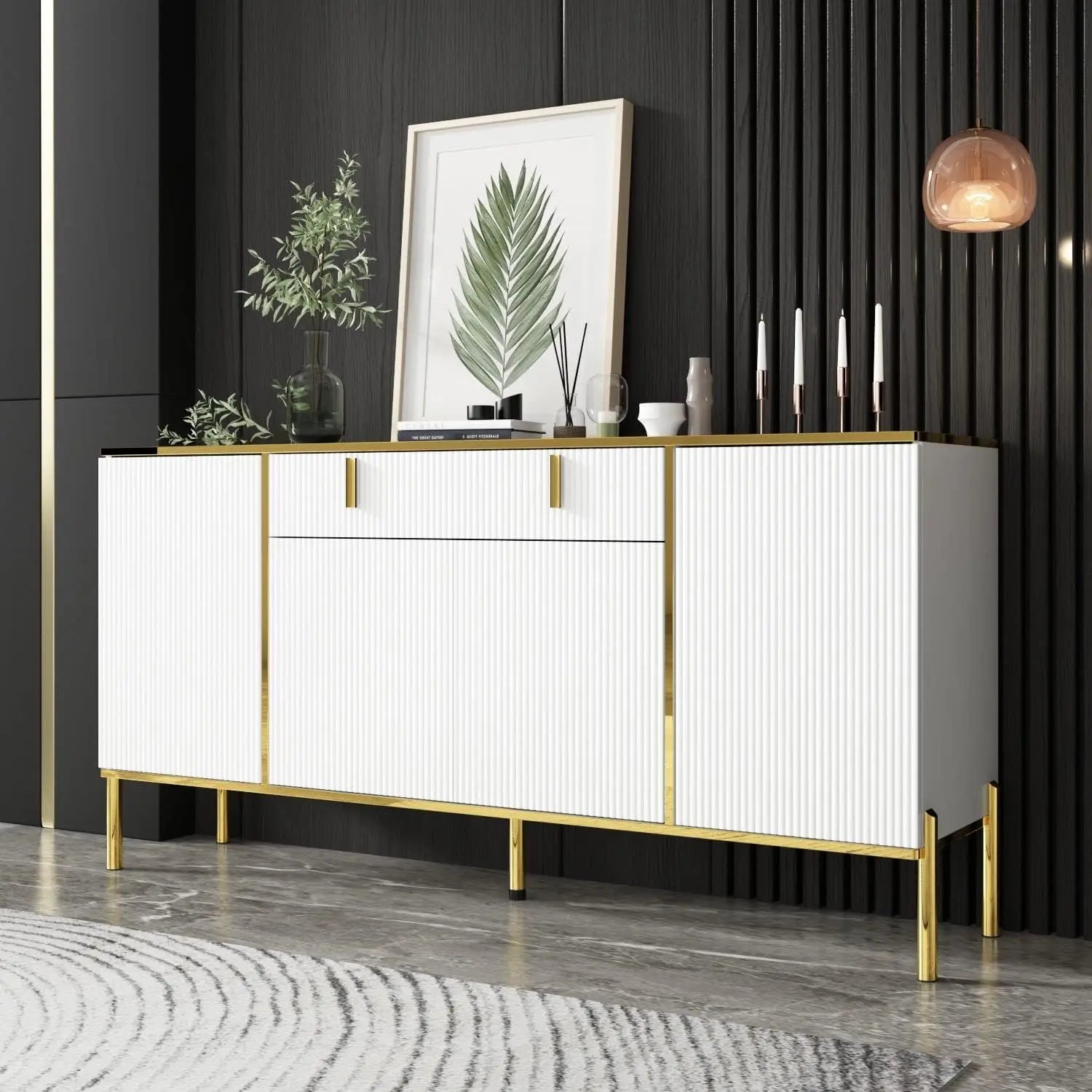 Modern Credenza Sideboard Buffet with Drawer & Pop-Up Doors, Buffet Sideboard Storage Cabinet with Gold Metal Legs