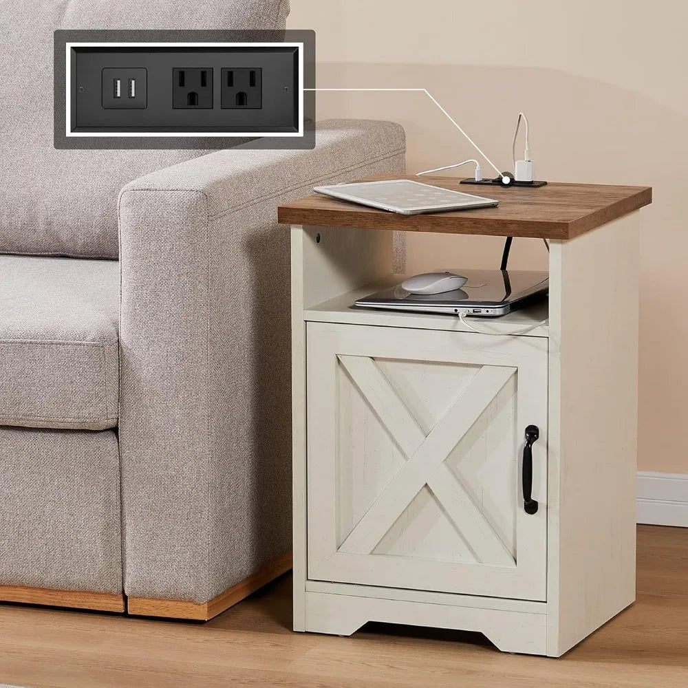 3-Piece Farmhouse Living Room Table Set with Coffee Table & 2 End Tables, Charging Station & USB Ports, Distressed White