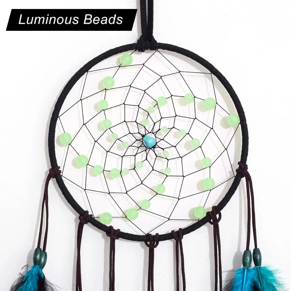 Luminous Beaded Dream Catcher Handmade with Blue Feathers and String Art Wall Hanging for Bedroom Decor Kids Teens Boys Girls Nursery Ornament Good Luck Gift for Birthday Christmas Home Decoration Boho Chic