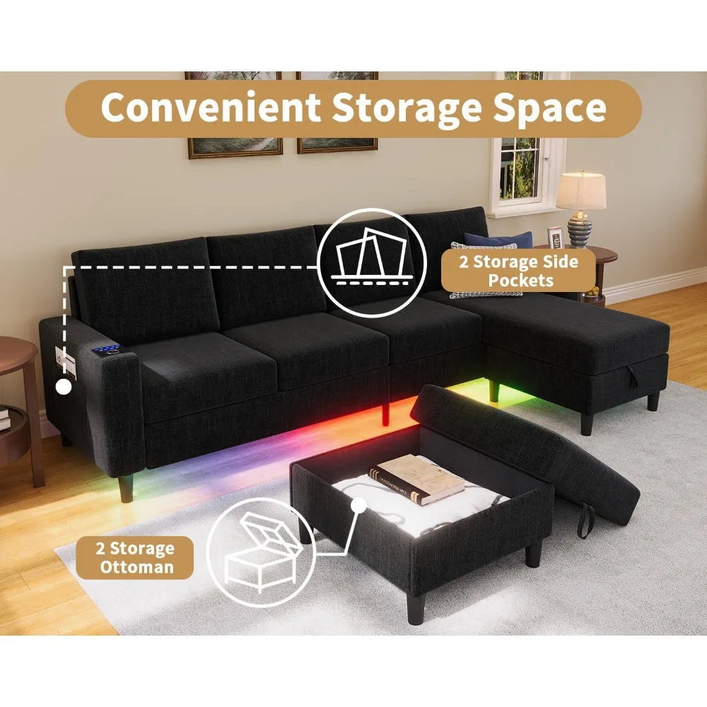 Smart Sectional Couches for Living Room, 6 Seat U/L Shaped Sectional Sofa with RGB Light/Charging,