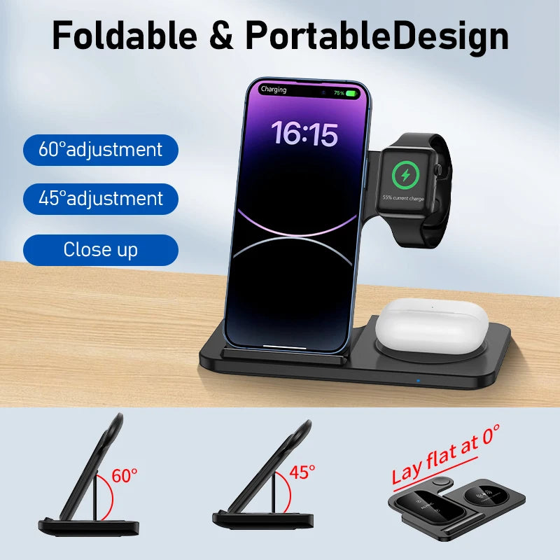 Desk Fast Wireless Charger Stand Pad/ Foldable Fast Charging Station Dock for iPhone 16 15 14 13 12 Pro Max Apple Watch, Air Pods