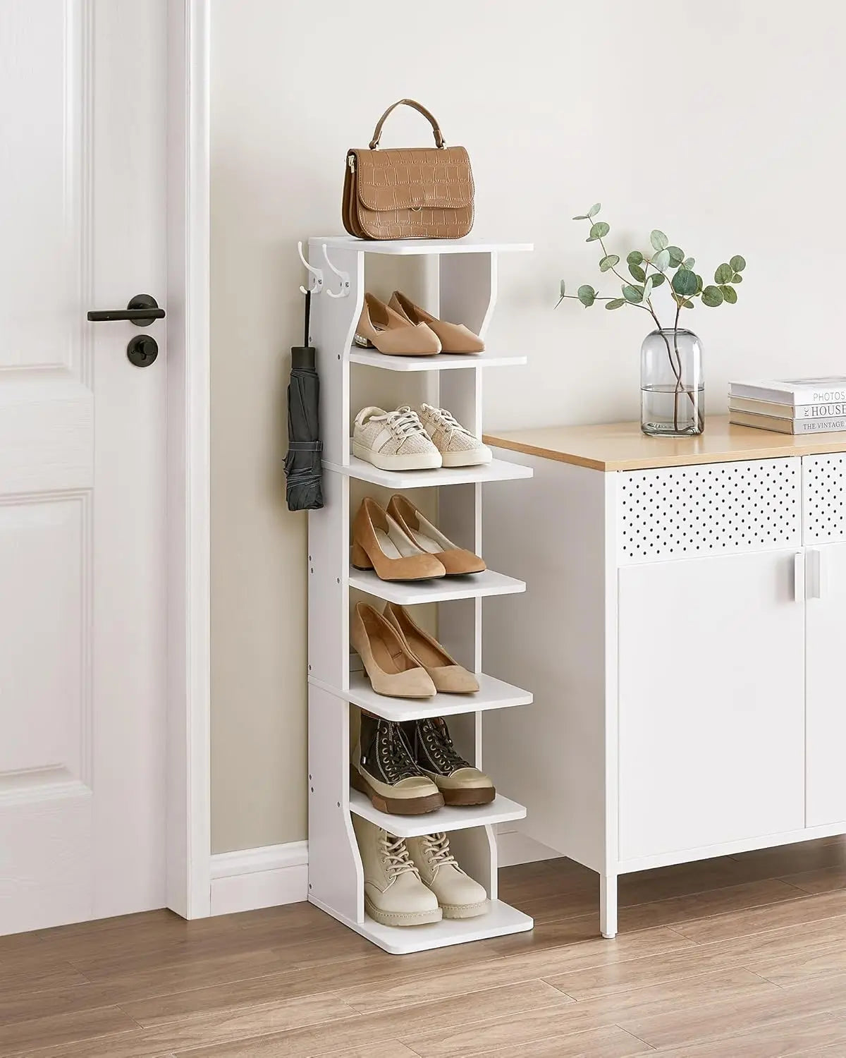 7-Tier Vertical Shoe Rack, Narrow Shoe Storage Organizer with Hooks, Slim Corner Shoe Tower Rack, Space Saving