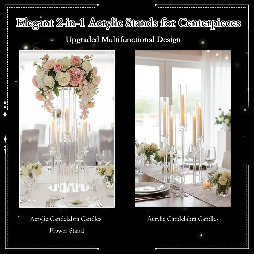 Clear 5-Arm Acrylic Candelabra with Flower Stand & Lampshade, 23.6" Tall Candle Holder for Wedding Table Centerpieces, Fits LED Candles for Party, Banquet, Birthday, Home Event Christmas Decor