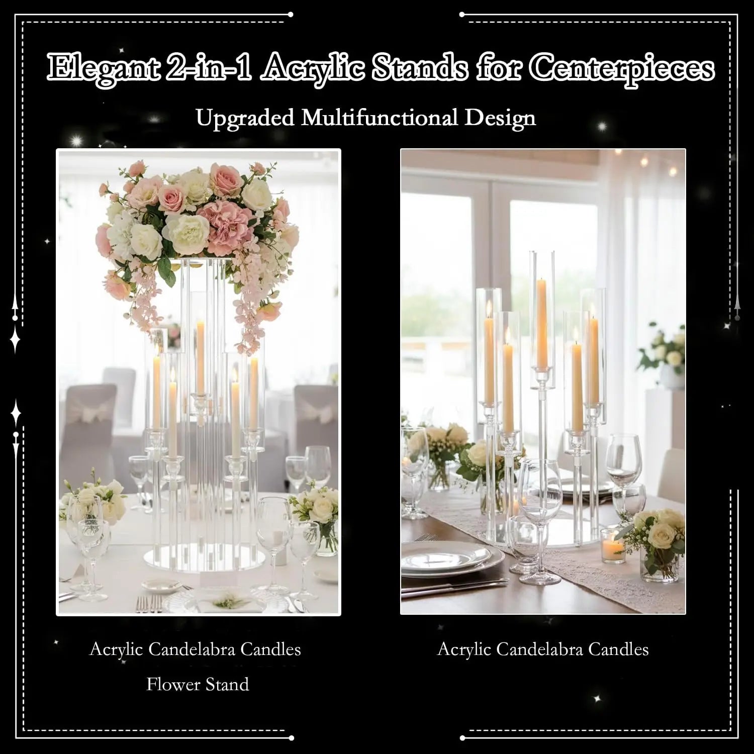 Clear 5-Arm Acrylic Candelabra with Flower Stand & Lampshade, 23.6" Tall Candle Holder for Wedding Table Centerpieces, Fits LED Candles for Party, Banquet, Birthday, Home Event Christmas Decor