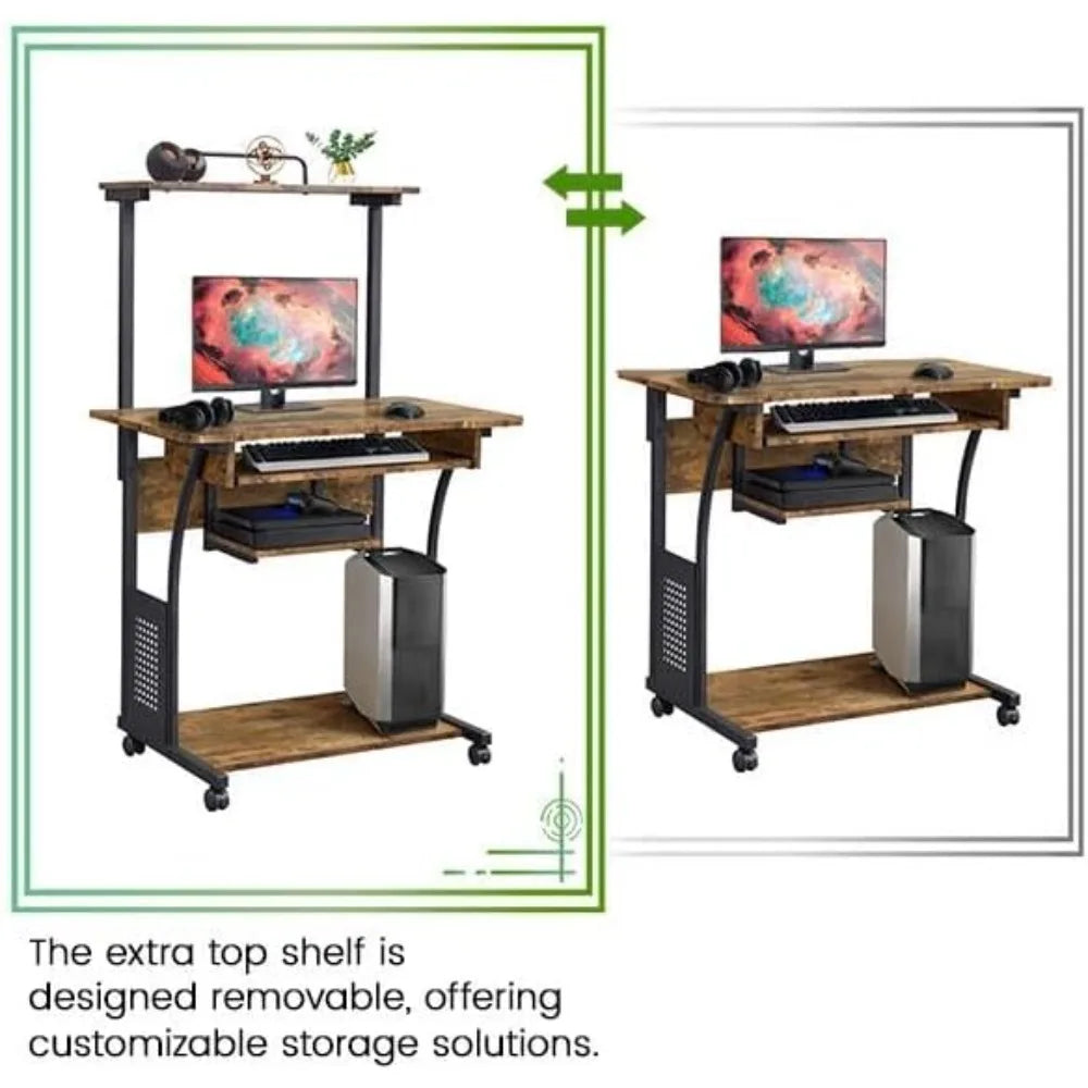 3 Tiers Rolling Computer Desk with Keyboard Tray and Printer Shelf for Home Office, Mobile Computer Desk for Small Space, Retro