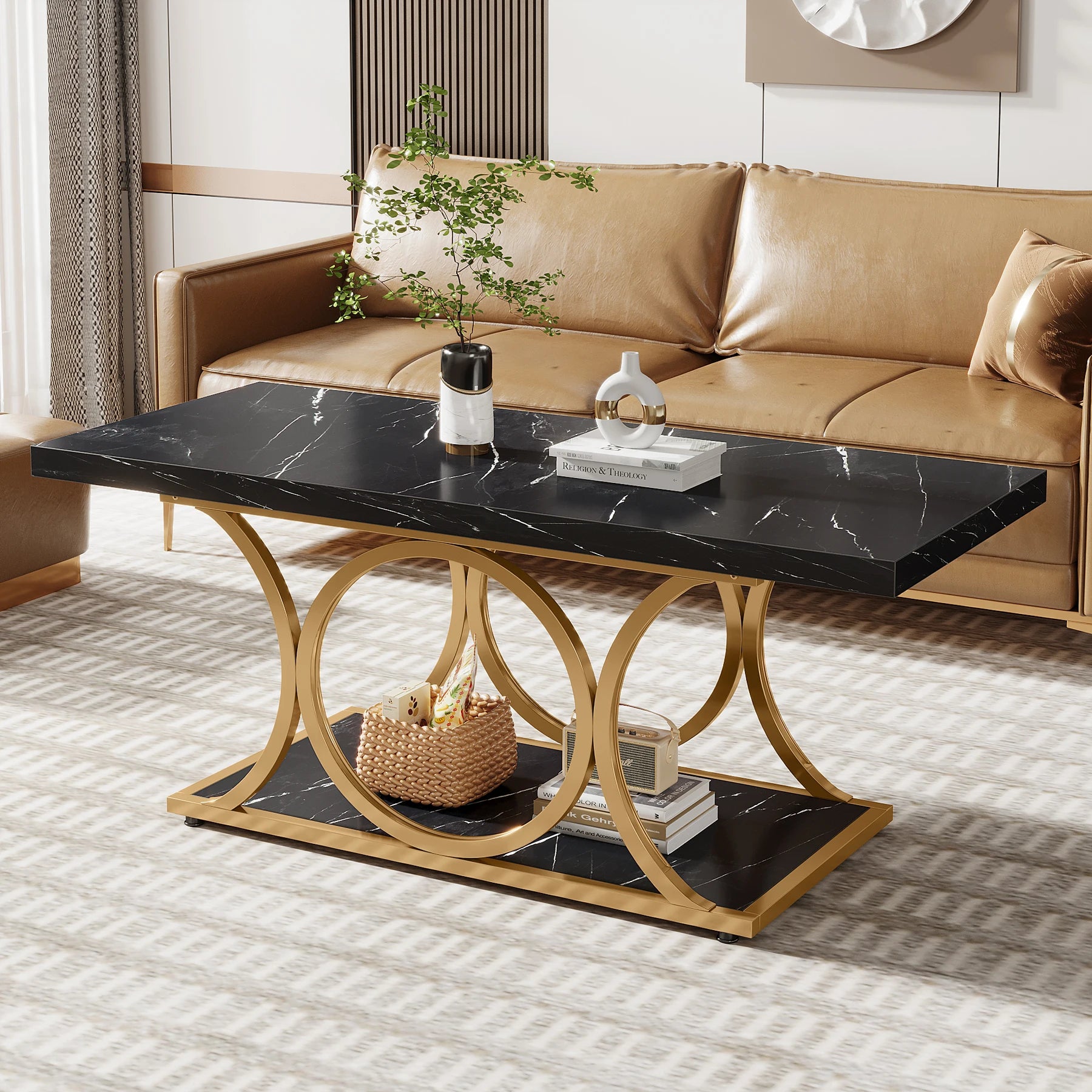 Rectangle Coffee Table, 2-Tier Faux Marble Wood
