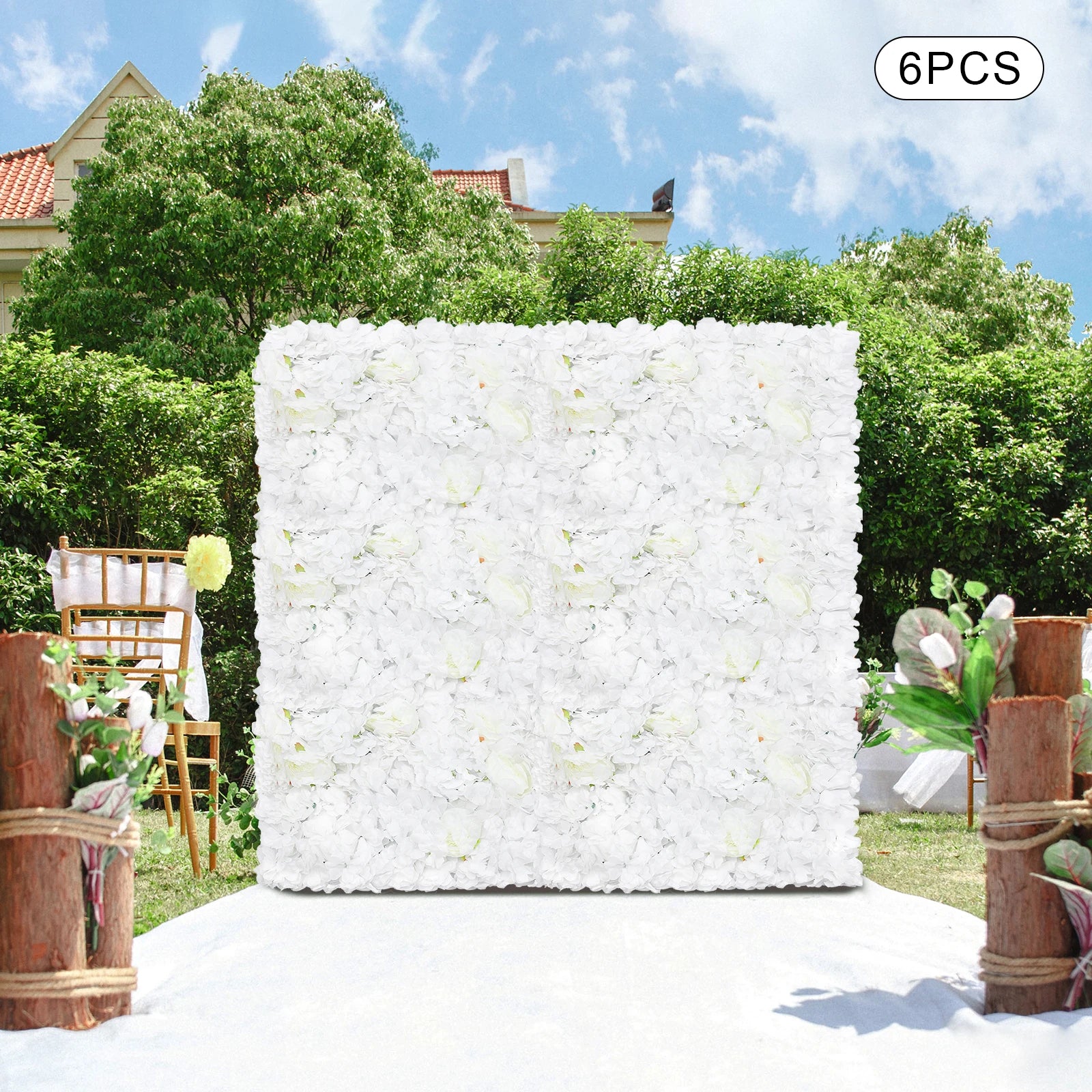 6 Pack Artificial Flower Wall Panels, 60x40cm Large Silk Rose/ Peony /Dahlia/ Hydrangea Flowers for Wedding Backdrop /Home Room Wall Decor, White Fake Floral Grid Panel Set for Indoor Outdoor Fence Privacy Screen Party/ DIY D