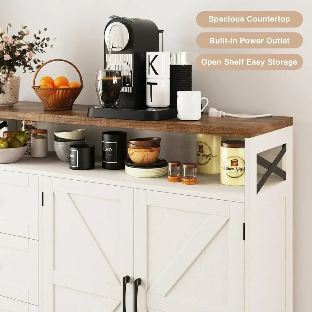 Farmhouse Buffet Cabinet with Drawers & Open Shelf, Sideboard with Storage, Kitchen Pantry Cabinet Hutch, Coffee Bar/Drinks