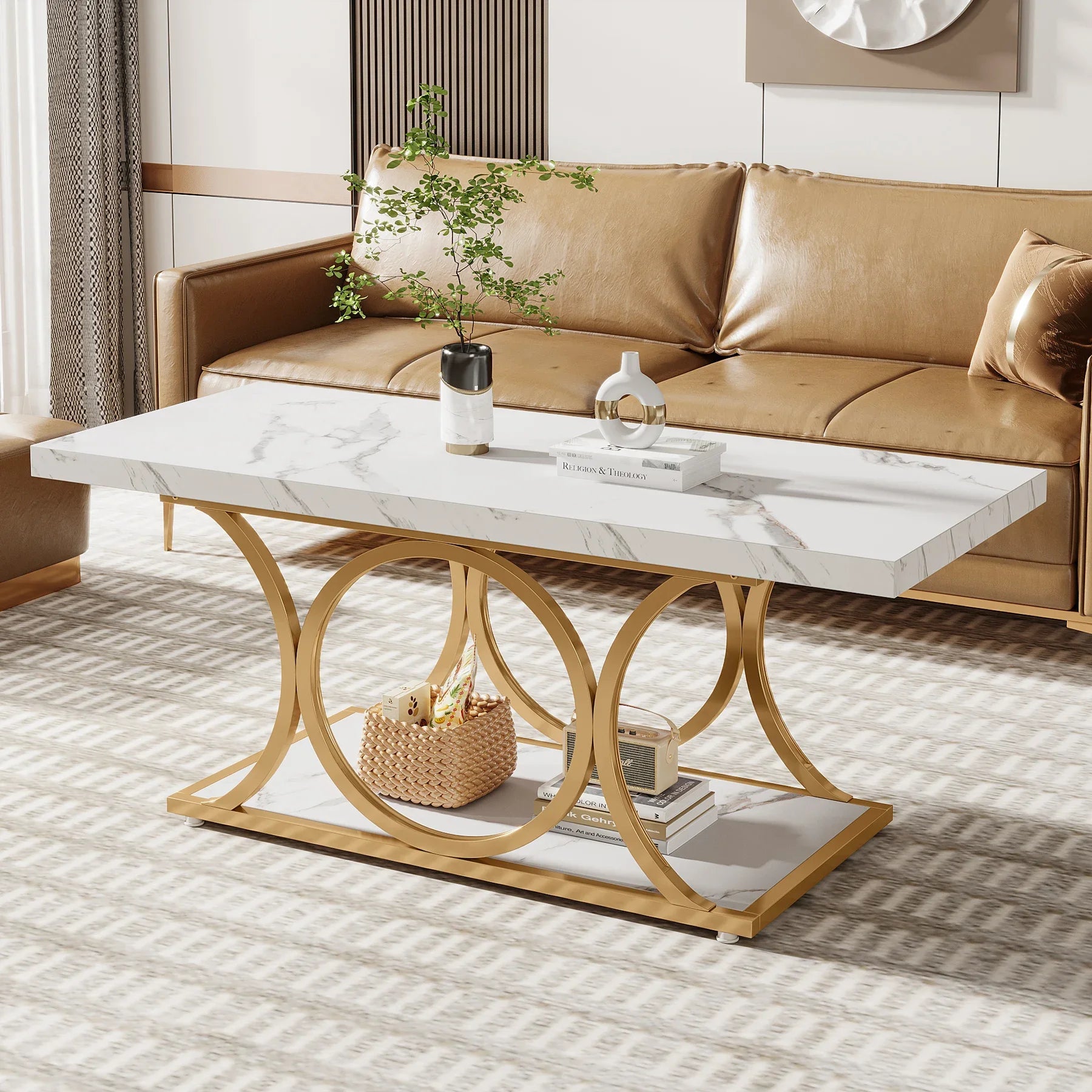 Rectangle Coffee Table, 2-Tier Faux Marble Wood