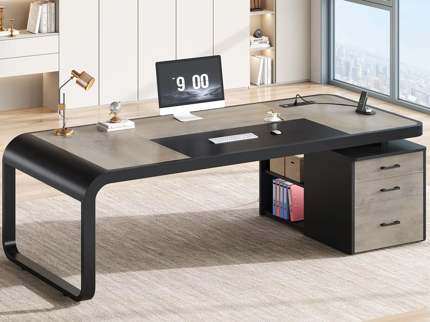 70.9" Executive Desk, Large Computer Desk with Drawers and Lateral File Cabinet, Office Desk with Removable Shelves, Business