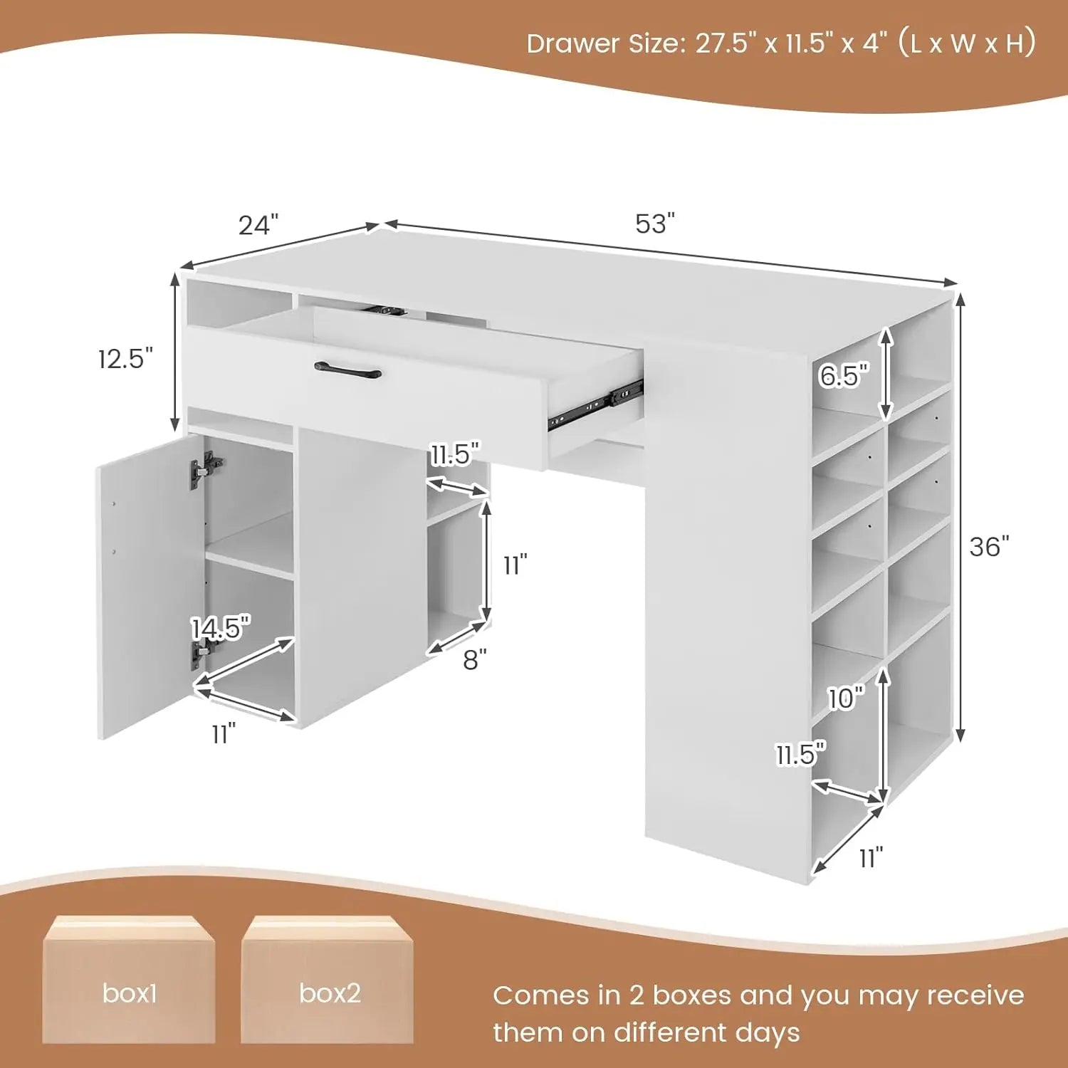 36” Counter Height Sewing Table, 53 Inch Artwork Craft Table with 14 Open Compartments, 3-Position Adjustable Shelf