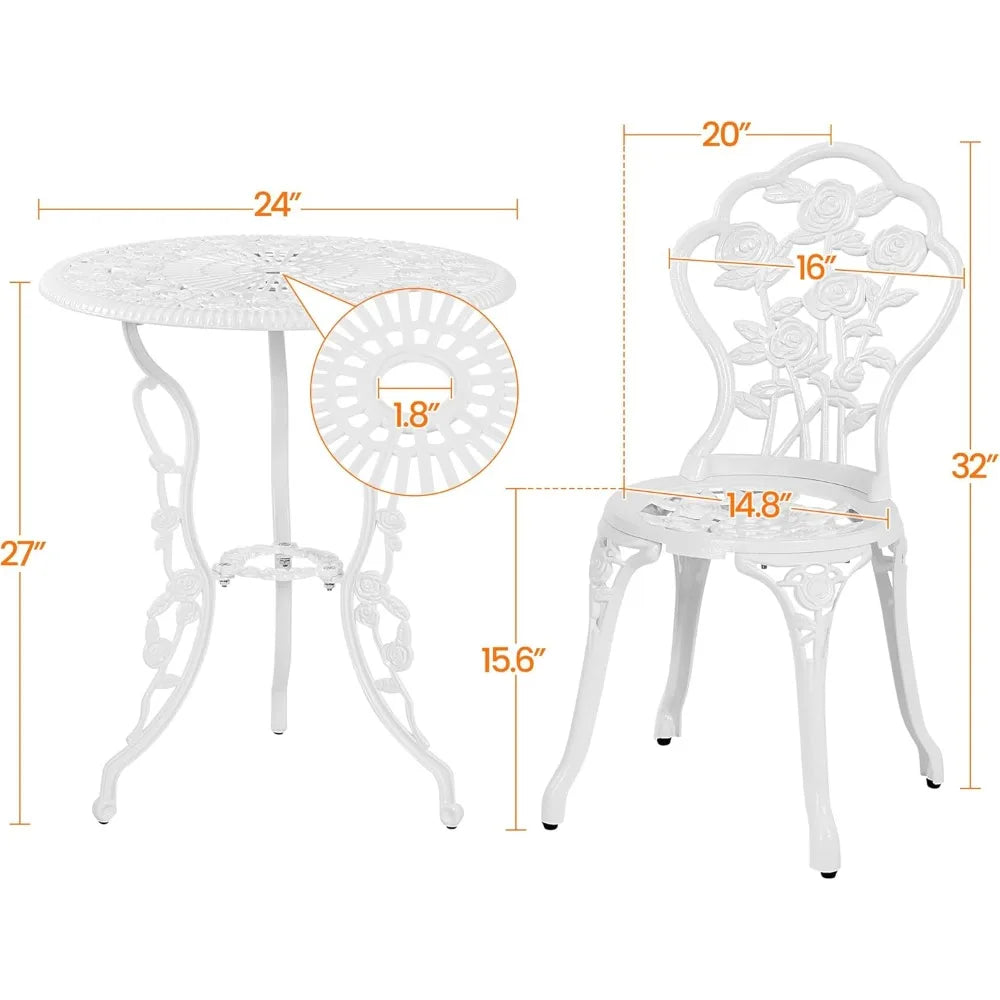 3-Piece Outdoor Bistro Set w/Rose Design, Rust-Resistant Cast Aluminum Table and Chairs w/Umbrella Hole for Balcony/Backyard