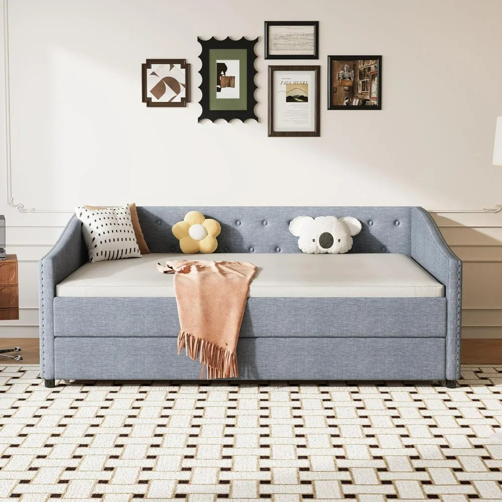Full Size Tufted Daybed with Trundle and Waved Arm Piping for Guest Bedrooms/Living Rooms