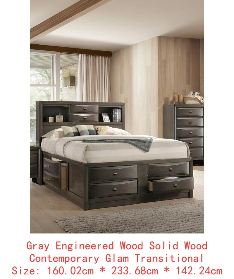 Contemporary King Size Bed with Footboard Drawers & Headboard Bookcase in Cherry Finish