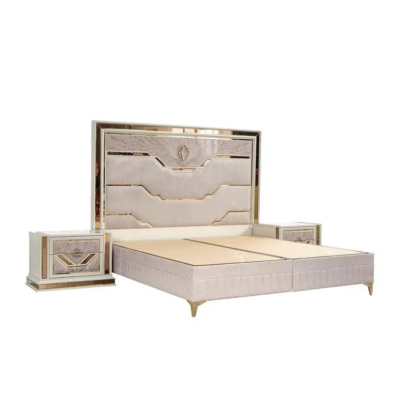 Modern Style 4 Pc King Upholstered Bedroom Set with Wood and Gold Accents in Beige