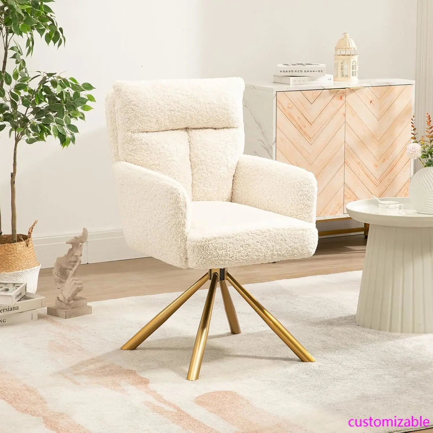 Desk Chair No Wheels 180°Swivel, Makeup Vanity Chair with Gold Legs, Ergonomic Criss Cross Chairs for Any Room