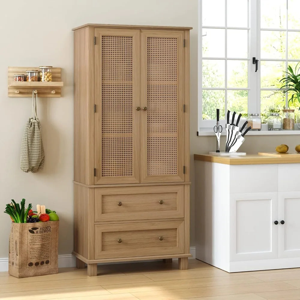 Kitchen Pantry Storage Cabinet, Tall Cabinet with Rattan Doors and 2 Drawers, Freestanding Cupboard, Adjustable Shelves, Utility