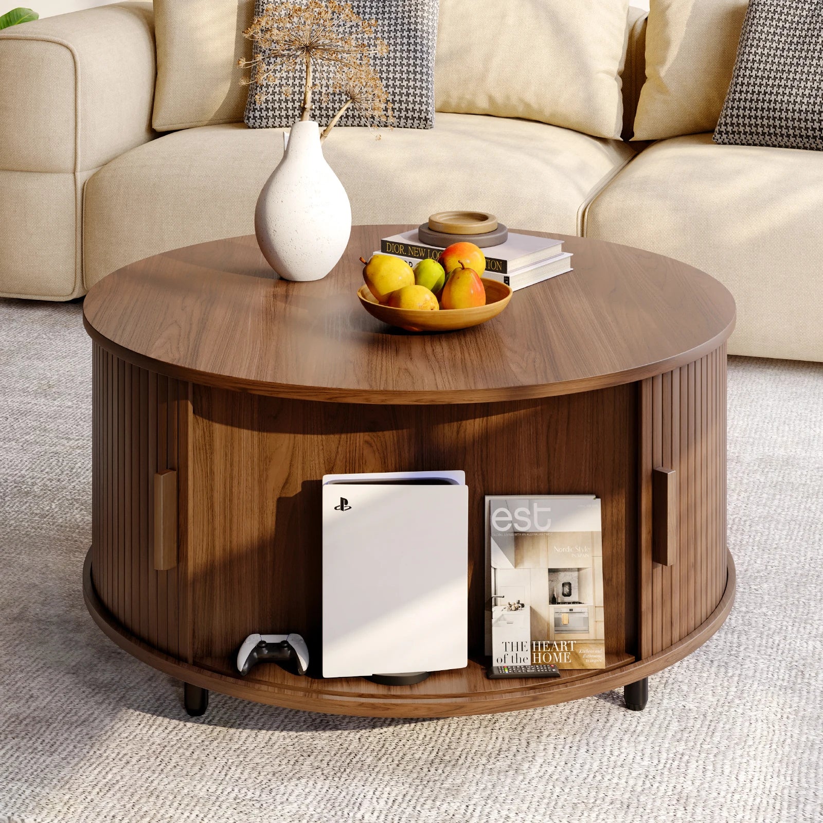 Round Coffee Table with Storage,31.5" Modern Coffee Table with 360° Curved Sliding Door, Fluted Wood Accent Coffee Table