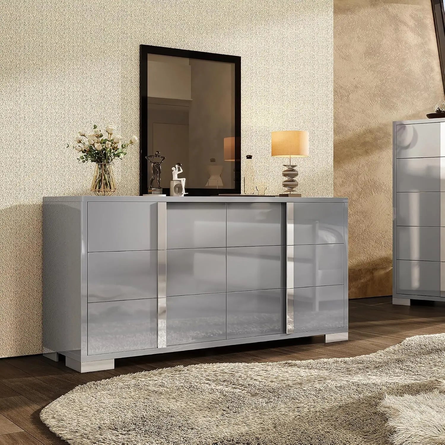 Modern Storage Chest of Drawers with Wide Tabletop,54" W High Gloss 6 Drawers Dresser with Silver Grooved Handles